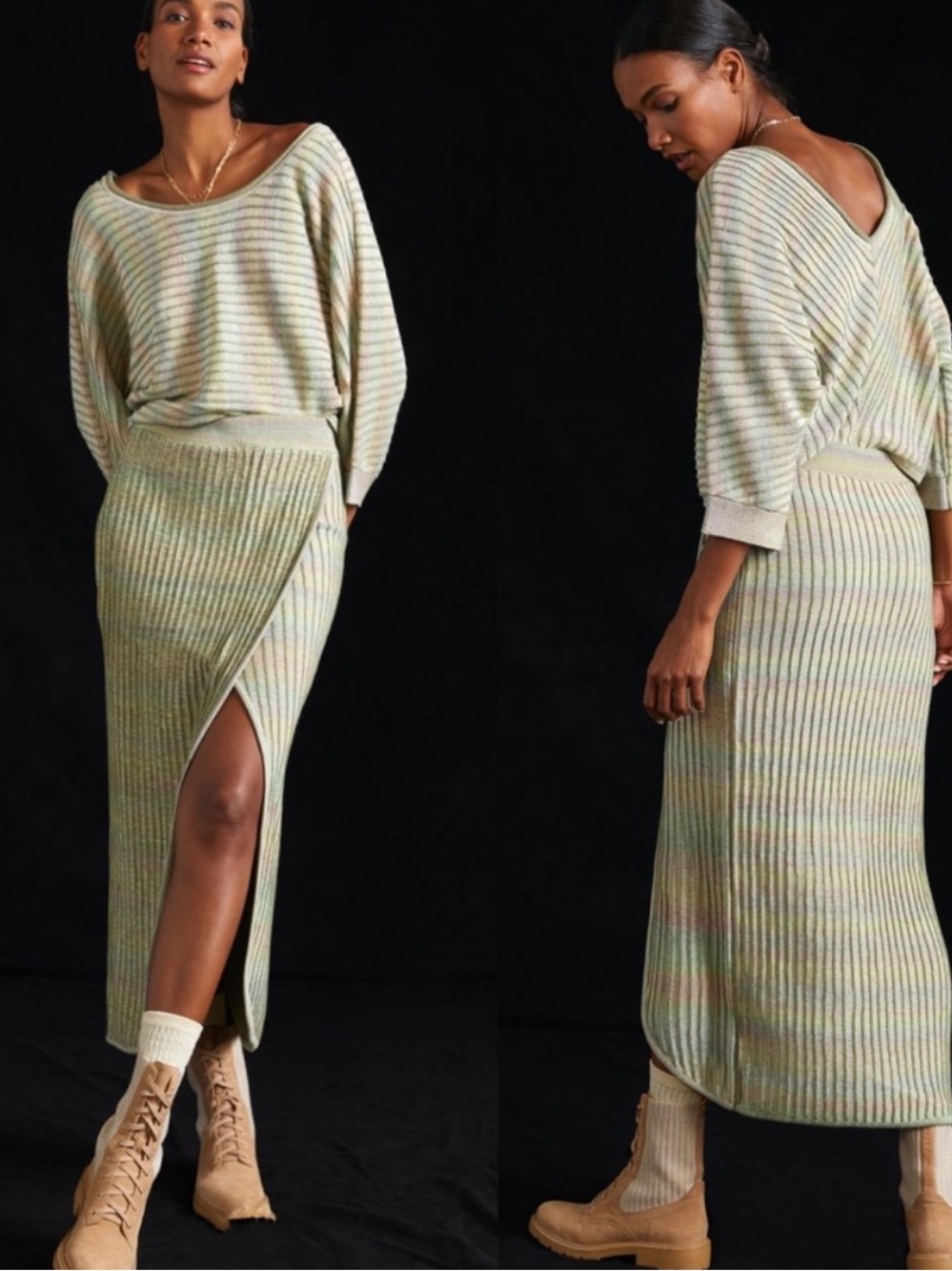 SET Anthropologie Daily Practice Knit Top And Skirt Green Ribbed Size Large L